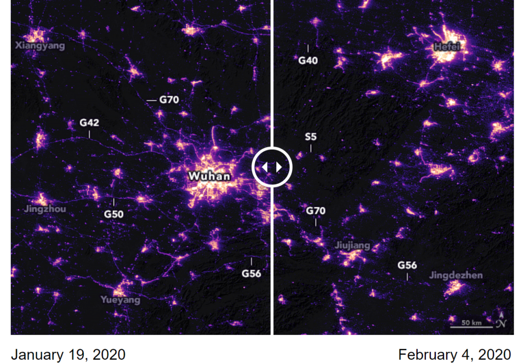 Nighttime satellite images of China - coronavirus impact