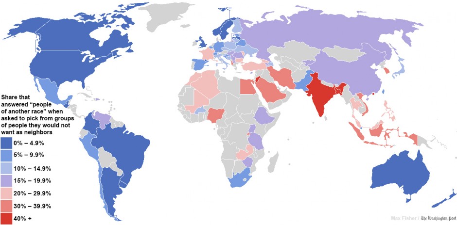 Blue signifies tolerance and red the opposite