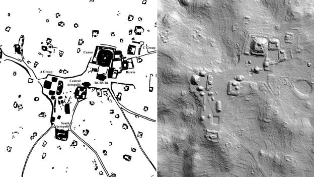 This 2D LiDAR image of Caracol shows terraces, topography and other archaeological remains. Source: BBC